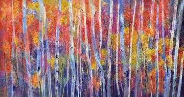 Landscapes Painting - Red Yellow Trees Autumn by Knife 01